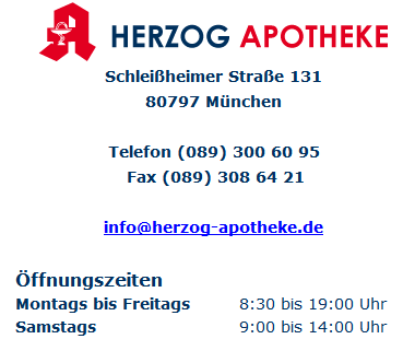 Kontakt Herzog-Apotheke München, Schleißheimer Straße 131, Telefon: (089) 300 60 95